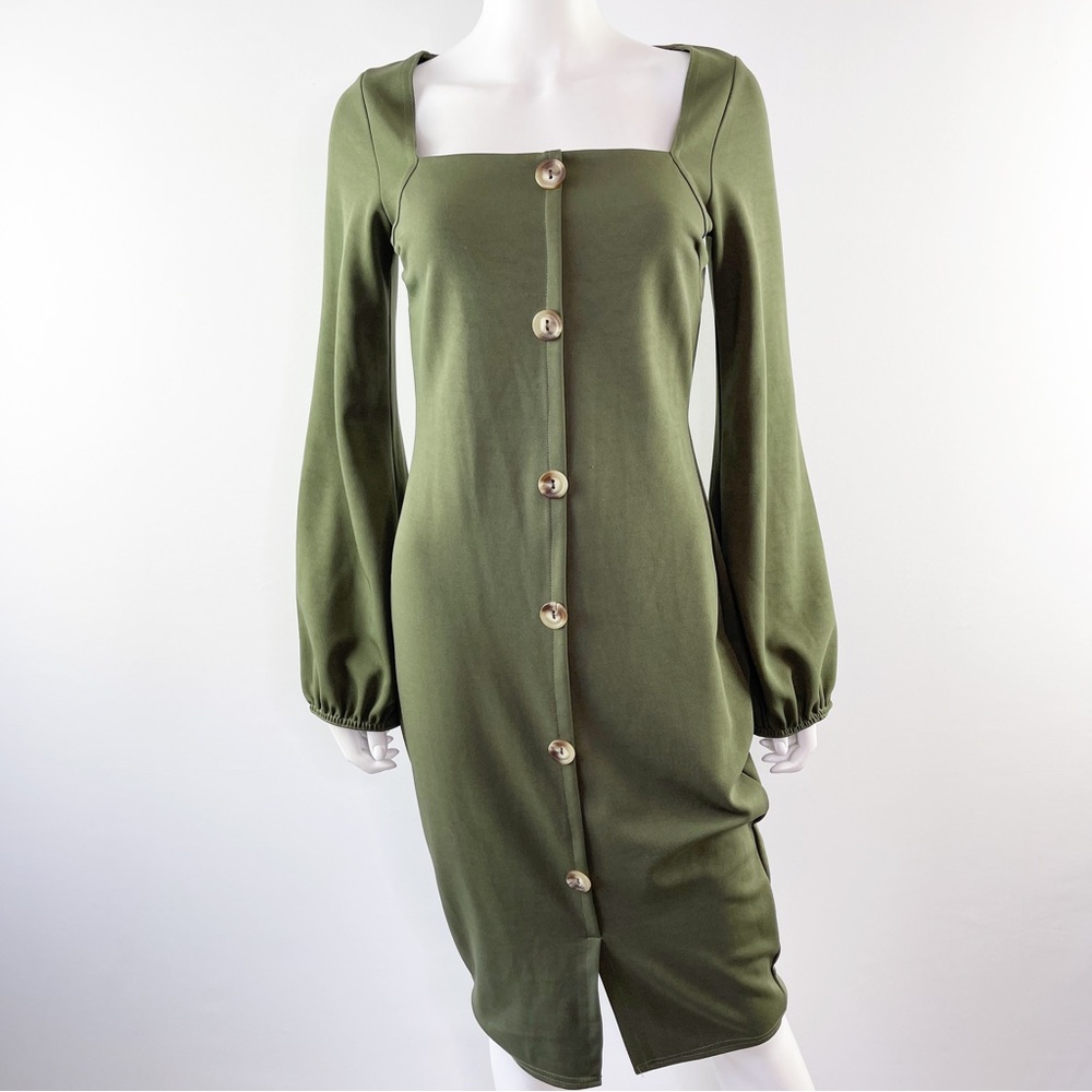 NEW Boohoo Night Square Neck Button Detail Midi Dress in Khaki Green Size 10